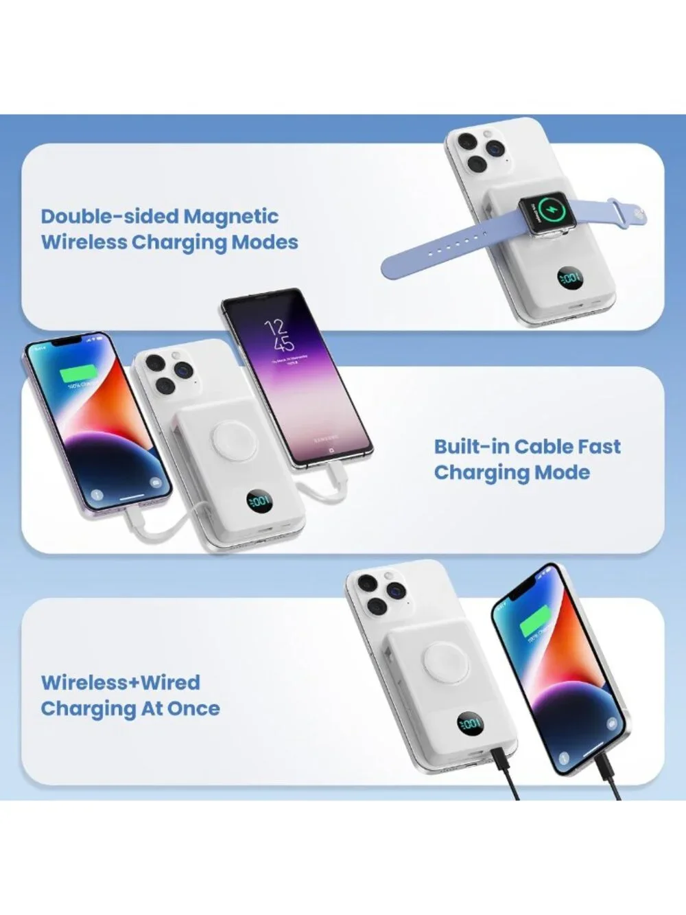 Portable Magnetic Charger 10800mAh, Wireless Power Bank, Fast Charging USB-C for